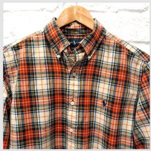 Ralph Lauren Wool Cotton Shirt Mens Medium Red Plaid Pony Button Up Long Sleeve